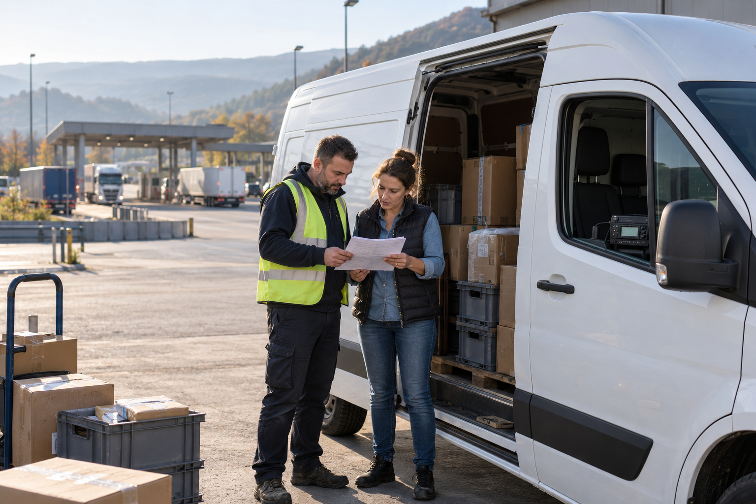 A Bulgarian small-business owner and driver review a cross-border delivery route beside an unbranded white van at a logistics yard