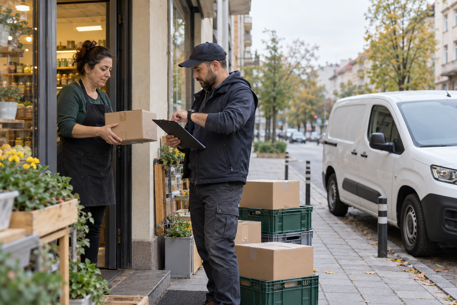 A delivery worker checks the time during a parcel handover at a small Bulgarian shop beside an unbranded white van