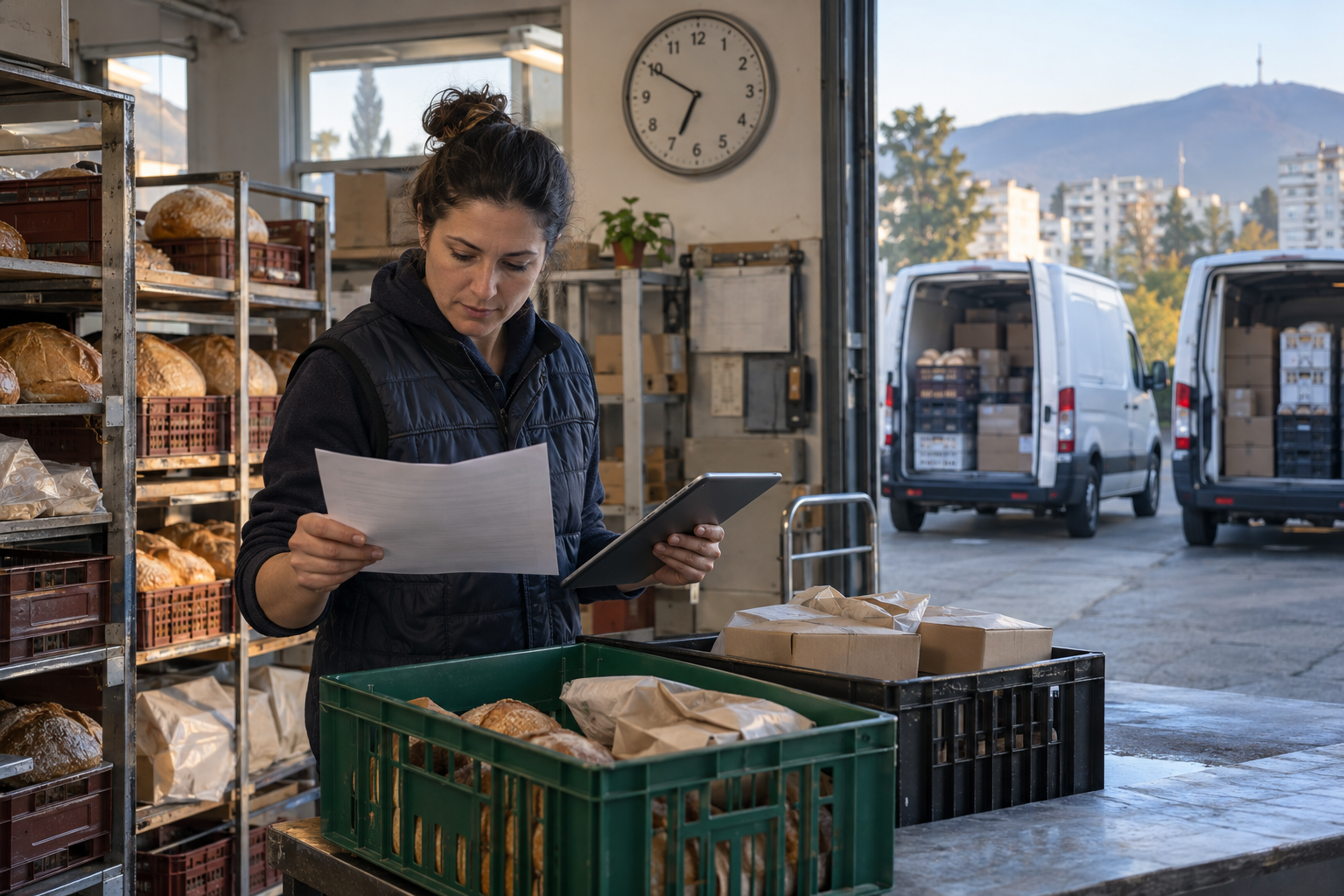 A small Bulgarian bakery dispatcher reviews a route beside a clock while two white delivery vans wait outside