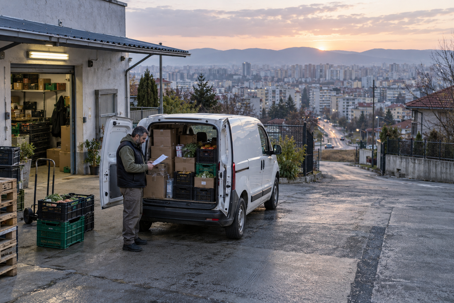Small Bulgarian business owner checking a delivery list beside a loaded van at a depot above the city