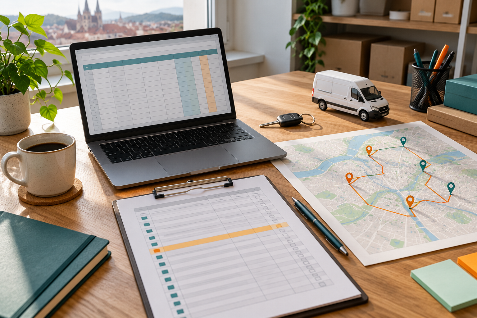 Laptop with a delivery spreadsheet beside a printed route map, an unbranded van model and vehicle keys