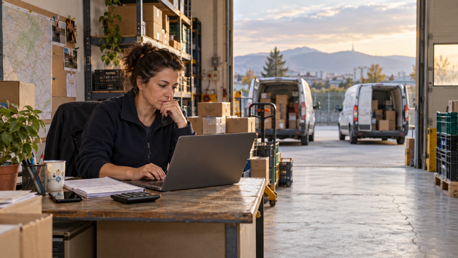 A Bulgarian small-business owner planning delivery routes at a modest warehouse