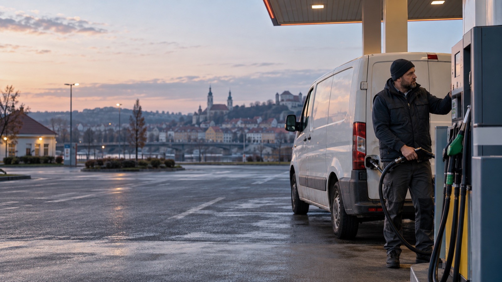A small CEE delivery-business owner refuelling a van at dawn