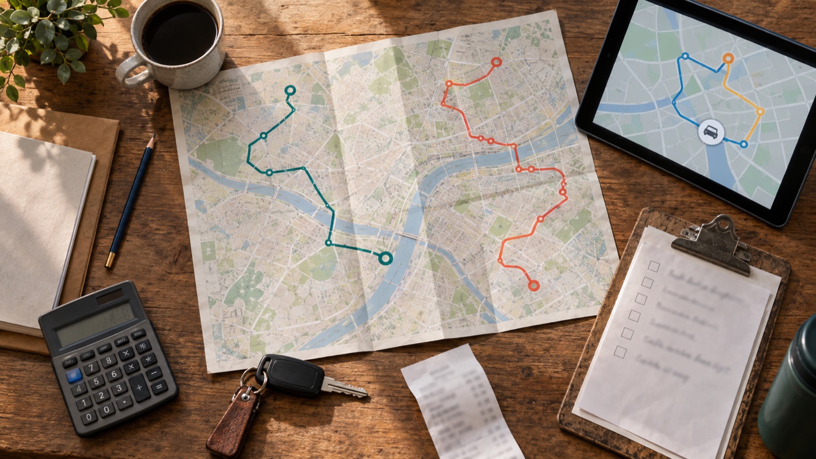 An overhead route-cost planning desk with maps, calculator and vehicle keys
