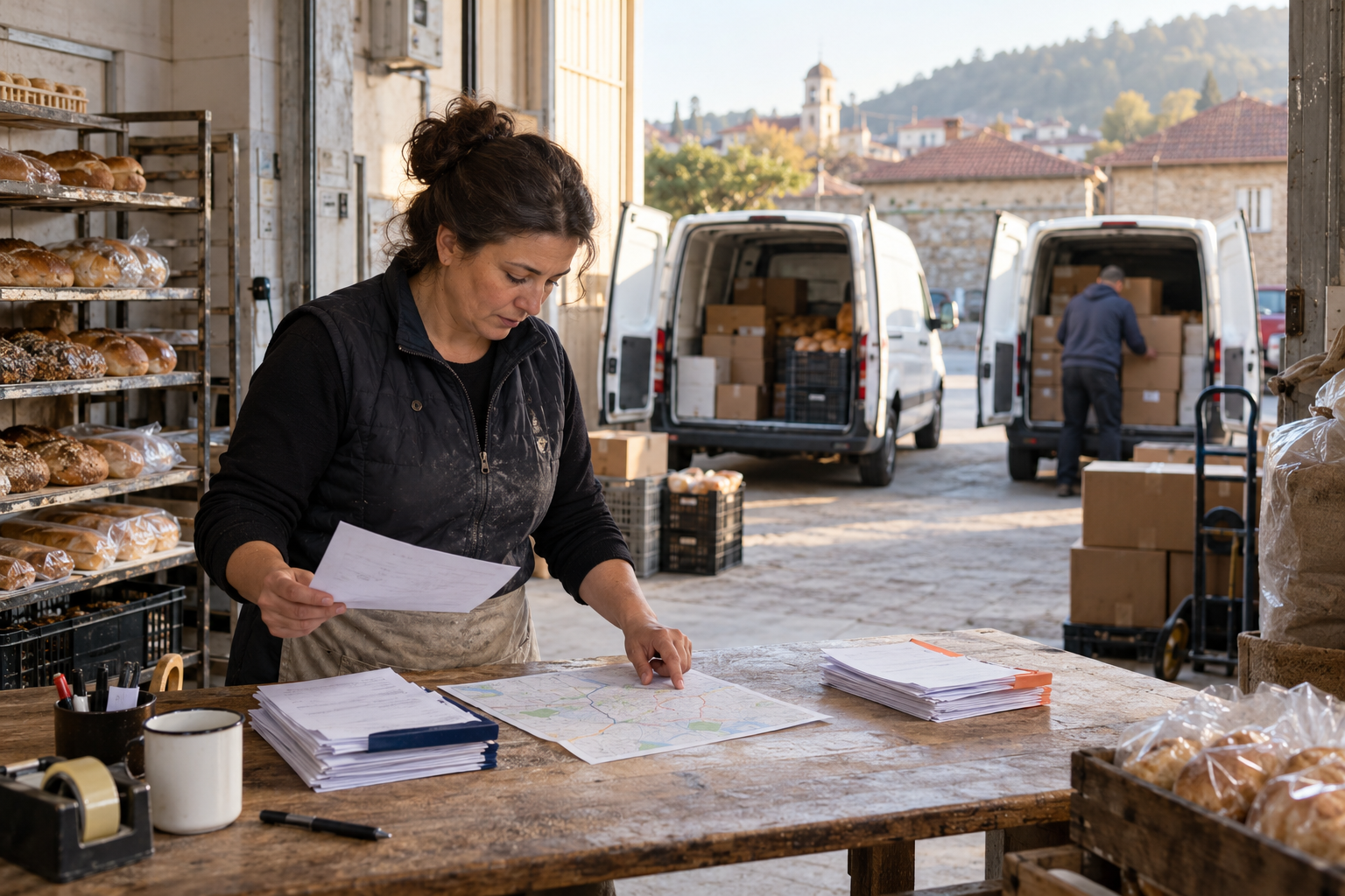 Small Bulgarian bakery owner reviewing two groups of delivery notes while two white vans are loaded