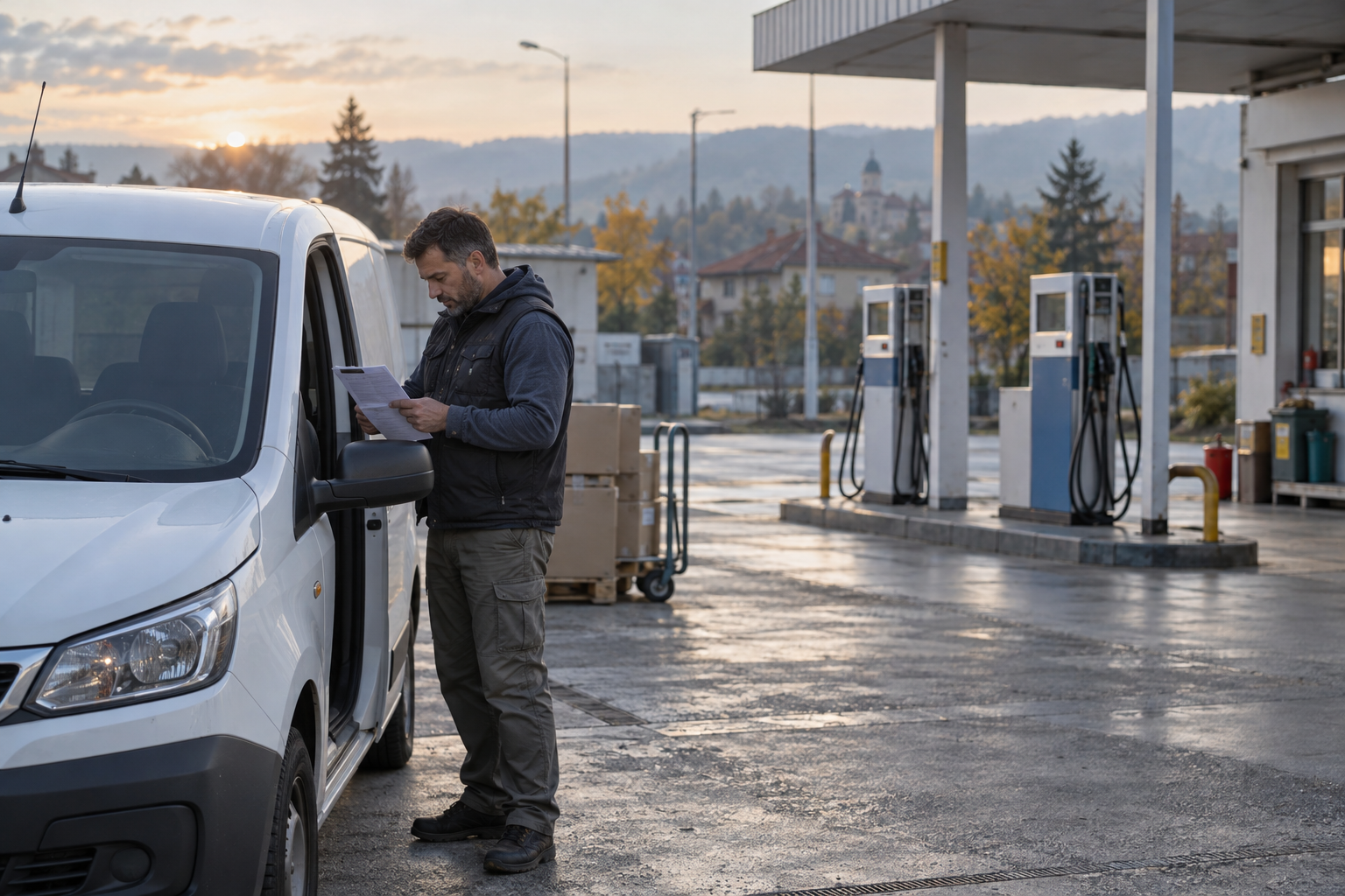Small Bulgarian delivery-business owner reviewing a fuel log beside a white cargo van at a filling station