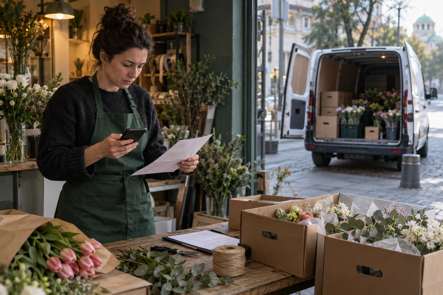 A Bulgarian florist reviews a delivery list and phone while a white delivery van waits outside for another trip